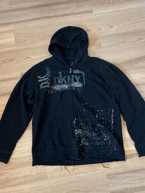 DKNY Black Zip-Up Hoodie with White Paint Detail